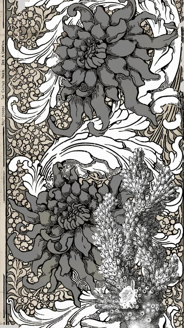 Art Nouveau & Art Déco | Manufacture Wylie & Lochhead, Glasgow - 1895 - The Cactus Frieze - Version recolorisée et agrémentée d'une gravure de corail