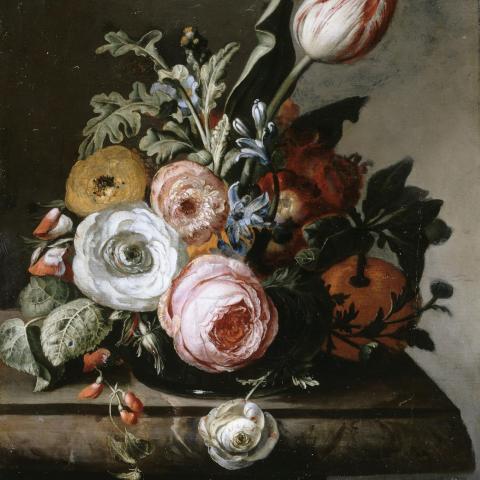 Les Natures Mortes | Fleurs ; roses et tulipes sur tablette de marbre - 1747
